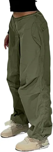 DLFE Pantalones tipo cargo holgados para mujer, cintura baja, pierna ancha, con cordón, bolsillos sueltos