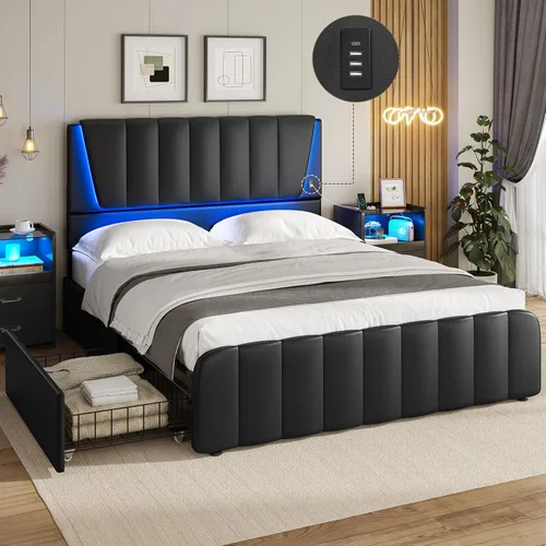 AOGLLATI Base de cama Queen con cabecero y 4 cajones de almacenamiento, luz LED y 2 puertos USB, marco de cama LED tamaño Queen con soporte de
