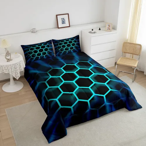 Miniatura 5 de Juego de ropa de cama individual de panal para niños y niños, color negro, verde azulado, azul, hexagonal, geométrico, patrón de colmena, edredón