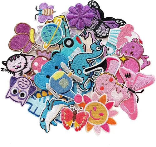 30 piezas de parches bordados para planchar o coser de varios tamaños para ropa, chaquetas, jeans, pantalones, mochilas, colores mixtos rosa, azul,
