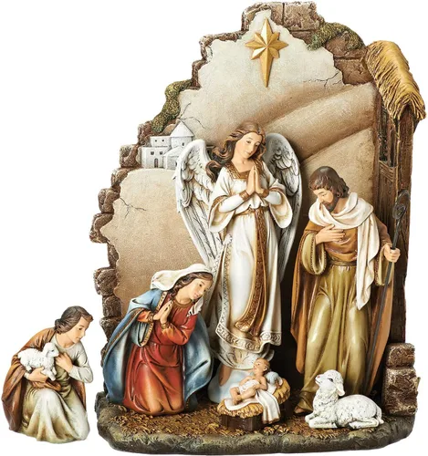 Joseph's Studio by Roman - Belén de 7 piezas con pared trasera, incluye sagrada familia, ángel, pastor y oveja, 12.25 pulgadas de alto, resina y