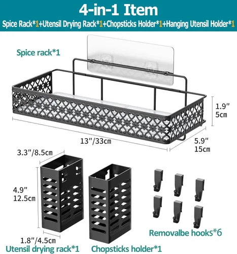 Miniatura 3 de Estante de especias colgante para montaje en pared, estante organizador de especias sobre estufa con soporte para utensilios para colgar