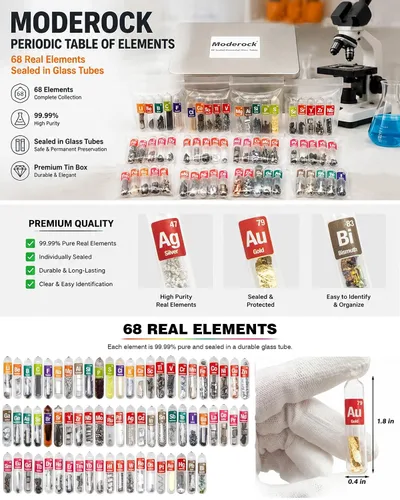 Miniatura 2 de Tabla Periódica de Elementos Reales, 99.99% de Pureza, Sellada en Tubo de Vidrio, para Regalo, Enseñanza, Exhibición, Colección, 68 Piezas