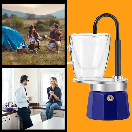 Miniatura 6 de Mini Express Swiss Single Tube Moka Pot Aluminio Azul, El juego de moka incluye una taza de doble pared de 3 onzas, disfruta de un delicioso café