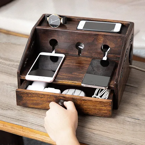 Miniatura 6 de Caja de gestión de cables de madera multifuncional para el hogar, escritorio de gran capacidad, caja de almacenamiento de regleta de alimentación