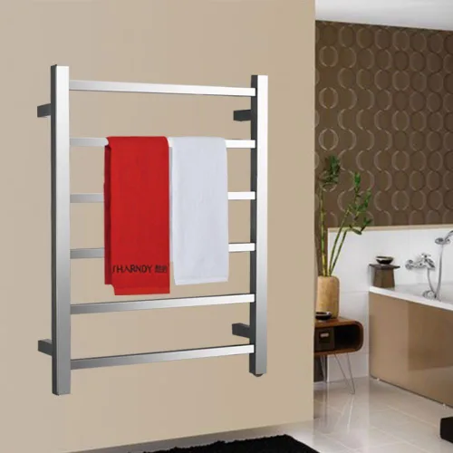 Miniatura 5 de Calentador de toallas de cromo pulido para baño, calentador de toallas de baño montado en la pared, cuadrado enchufable, 6 bares, estante de secado