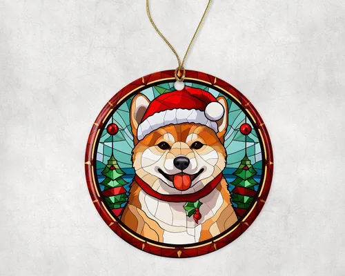 Miniatura 3 de Shiba Inu - Adorno de cerámica de vitrales de Navidad, decoración para colgar en el árbol, regalo religioso para perros para cristianos impreso