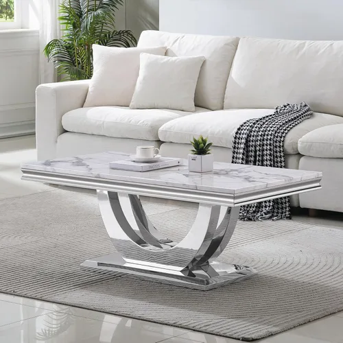 Miniatura 55 de SSLine Mesa de Centro Rectangular de Mármol Sintético para Sala de Estar, Mesa Central Moderna de Mármol Blanco de Lujo con Base Doble en Forma de U