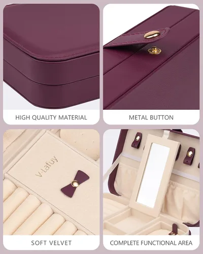 Miniatura 7 de V-LAFUY Organizador de viaje de joyería caja de joyería de viaje portátil pequeño estuche de joyería de viaje con espejo caja de joyería pequeña
