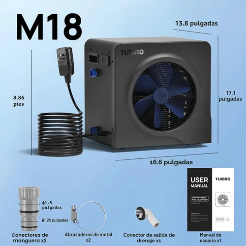 Miniatura 7 de TURBRO Bomba de Calor para Piscina de 18,000 BTU, Calefactor Eléctrico para Piscinas sobre el Suelo y Spas de hasta 6,000 Galones, Intercambiador