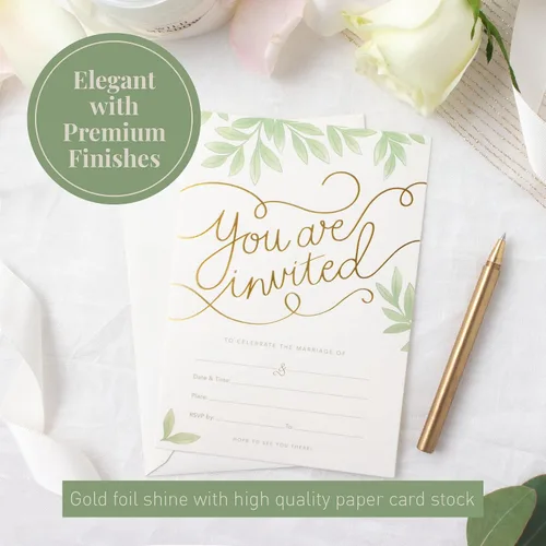 Miniatura 3 de Rileys & Co Paquete de 50 tarjetas de invitación de boda con sobres, calcomanías incluidas, impresión de lámina dorada y diseño de hojas, 5 x 7