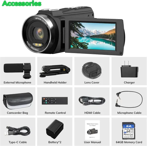 Miniatura 8 de Videocámara 5K UHD 48MP 60FPS WiFi Vlog Cámara para YouTube 10X Zoom óptico videocámaras con control remoto, estabilizador de mano, micrófono, 2