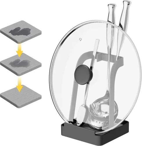 Miniatura 9 de NiHome Soporte para tapa de olla grande y soporte para cuchara con bandeja de goteo extraíble, organizador de encimera de cocina de hierro negro