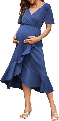 LAISHEN Vestido de maternidad para sesión de fotos, manga corta, cuello en V, volantes, casual, baby shower, boda, invitada, ropa de embarazo