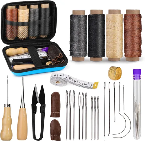 Kit de costura de cuero MORFEN, kit de costura de cuero con punzón de costura, agujas, hilo encerado, kit de reparación de tapicería, herramientas