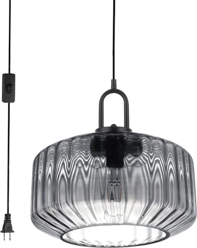 Miniatura 19 de Lámpara colgante de globo de vidrio enchufable, lámpara colgante moderna de mediados de siglo con cable de 14.7 pies, pantalla de vidrio a rayas