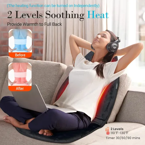 Miniatura 3 de Masajeador de espalda con calor, 5 modos de vibración y 2 niveles de calor, almohadilla de masaje para silla, cojín de masaje eléctrico