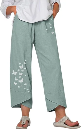 Miniatura 32 de Pantalones Capri de Lino de Algodón para Mujer 2025, Pantalones Palazzo Recortados Casuales con Estampado, Cintura Elástica, Pantalones Holgados