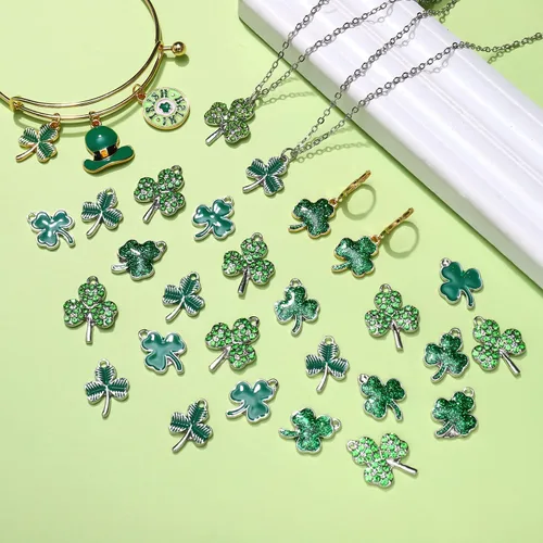 Miniatura 5 de 40 dijes de trébol del día de San Patricio para hacer joyas, varios esmaltes irlandeses con hojas verdes de la suerte, dijes para collares