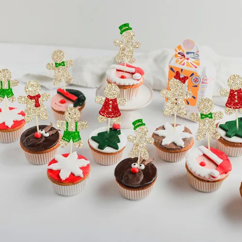Miniatura 7 de Gyufise 24 piezas Adornos para cupcakes de jengibre de Navidad con purpurina, adornos para cupcakes de jengibre para revelar el género, púas