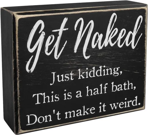Pigort Letreros divertidos de baño con texto en inglés «Get Naked», reglas de decoración de granja, letreros de madera de 5 x 6 x 1.8 pulgadas