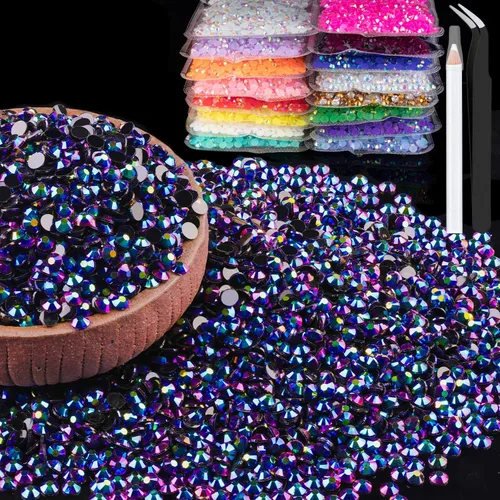 Miniatura 59 de 15000 diamantes de imitación de resina de 0.079 pulgadas a granel, diamantes de imitación de gelatina redondos negros con parte trasera plana, gemas