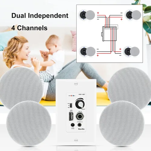 Miniatura 5 de Herdio Amplificador Bluetooth de pared de 4 canales Control de volumen Placa de pared USB/MIC/AUX (3.5mm) Entradas Conecta 4 altavoces con fuente
