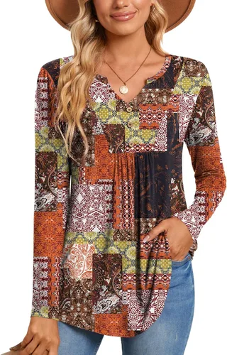 Miniatura 2 de CATHY Blusa tipo túnica de manga larga para mujer, cuello en V, con botones, informal, plisada, básica