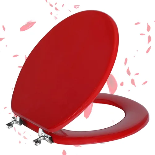 Miniatura 9 de Asiento de inodoro alargado rojo de madera natural con bisagras de aleación de zinc, fácil de instalar y también fácil de limpiar, asiento