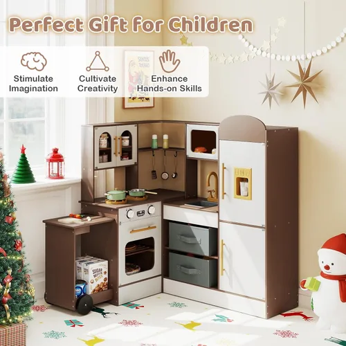 Miniatura 9 de Costzon Cocina de Juego de Esquina, Pequeño Chef Cocina de Juego de Simulación con Luz y Sonido Reales, Carrito Extraíble, Contenedores de Tela