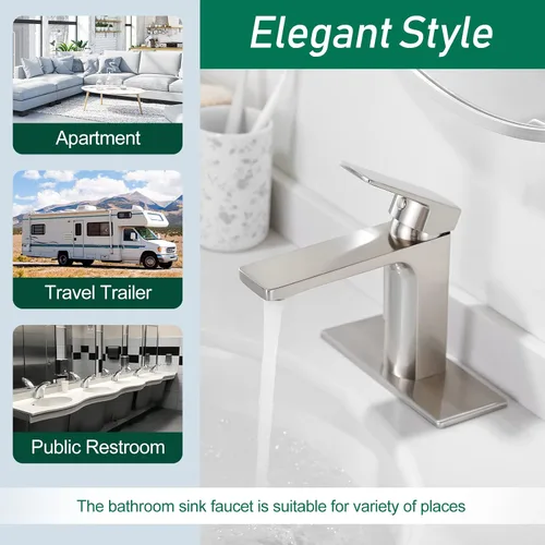 Miniatura 4 de VOTON Grifo de baño de níquel cepillado de una sola manija, grifo de baño de 1 o 3 agujeros, grifo de lavabo de baño con placa de cubierta, grifo