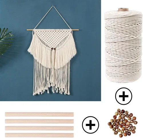 Miniatura 5 de Kit de macramé de 152 piezas para principiantes: cordón de macramé de algodón natural, anillos de madera y metal, cuentas, palos y aros, perfecto