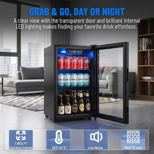 Miniatura 6 de Refrigerador de bebidas de 1.7 pies cúbicos, mini refrigerador de 68 latas con puerta de vidrio, control digital de temperatura, estantes
