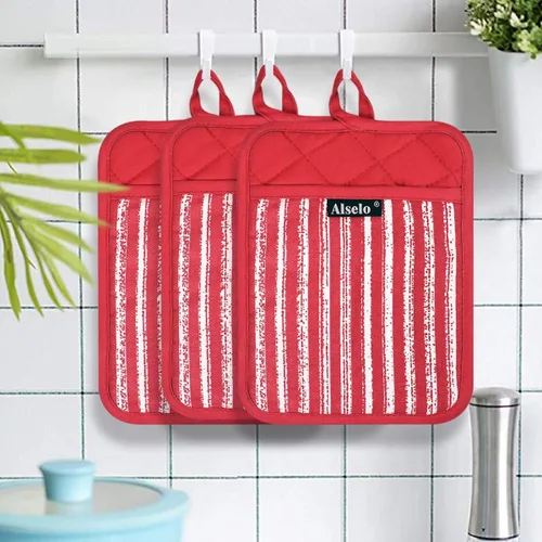 Miniatura 7 de Alselo Juego de 3 agarraderas de silicona resistentes al calor y antideslizantes, almohadillas calientes profesionales para horno con bolsillos