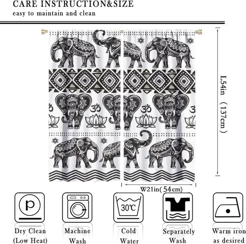 Miniatura 2 de Cortinas opacas de elefante, estilo étnico indio, bohemio, flores de loto de elefante blanco y negro, divertidas cortinas con patrón de animales