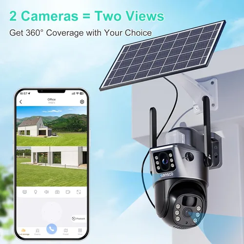 Miniatura 2 de SANSCO Cámara de seguridad solar de doble lente 2K inalámbrica para exteriores, no necesita cables, WiFi 2.4G y 5G, cámara de seguridad para el Gris