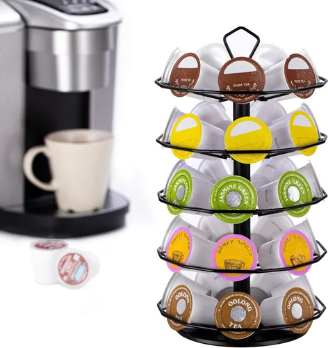 Miniatura 4 de FlagShip Soporte para cápsulas Keurig, carrusel, soporte para cápsulas de café, metal negro, 5 niveles, 35 cápsulas