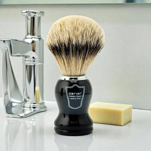Miniatura 3 de Parker Safety Razor 's 100% Silvertip - Brocha de afeitar de cerdas de tejón – Soporte para cepillo incluido (mango negro)