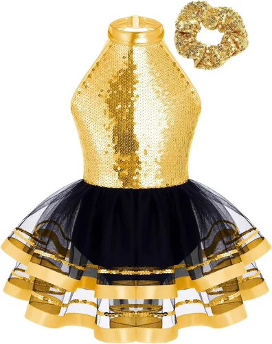 Miniatura 16 de CHICTRY Vestido tutú de ballet con lentejuelas brillantes para niñas y niñas, moderno disfraz de baile latino de jazz