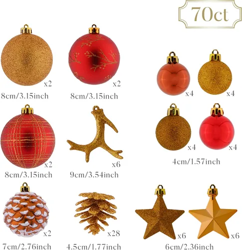 Miniatura 3 de Valery Madelman Juego de Adornos de Navidad, 70 piezas Decoraciones de Árbol de Navidad Irrompibles en Marrón Cobre Dorado, Adornos Colgantes