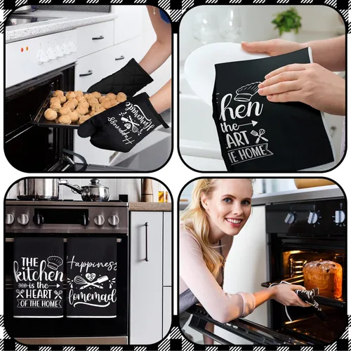 Miniatura 4 de Sratte Juego de 6 Piezas de Accesorios de Decoración de Cocina Estilo Granja Toallas Agarraderas Manoplas de Horno Juego de 2 Paños de Cocina 2 Negro