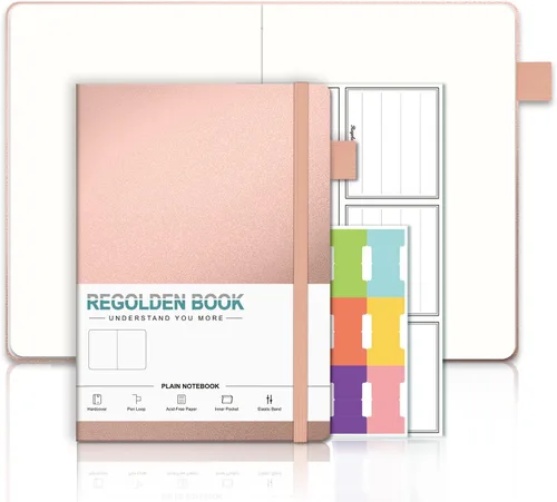 Regolden-Book Diario en blanco de tapa dura, tamaño A5, diarios de papel grueso en blanco con soporte para bolígrafo para mujeres y hombres,