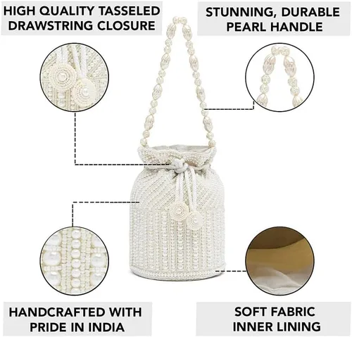 Miniatura 3 de Aheli Bolsas Potli blancas para mujer, bolso de noche étnico con cordón (P98W), Blanco