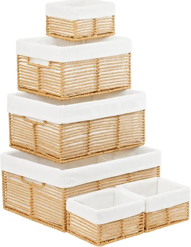 Miniatura 17 de Vagusicc Cesta de almacenamiento de mimbre, cesta de cuerda de papel tejida a mano, cesta rectangular pequeña para organizar, contenedor de Beige