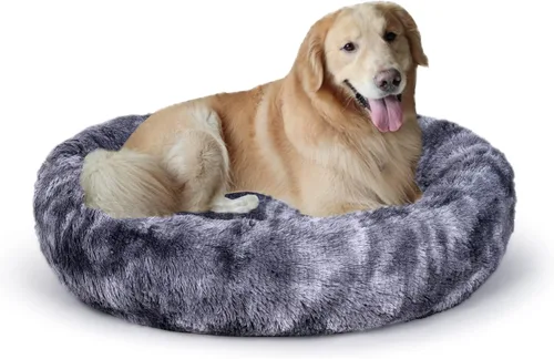 Cama Ovalada Calmante en Forma de Dona para Perros, Cama de Gato de Piel Sintética Peluda Lavable Almohada Redonda para Mascotas (30"/36"/43") para