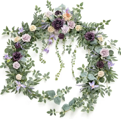 Miniatura 14 de Ling's moment Guirnalda de eucalipto y hojas de sauce de 9 pies con flor blanca, artesanal, centros de mesa para mesa de novios, decoración de mesa