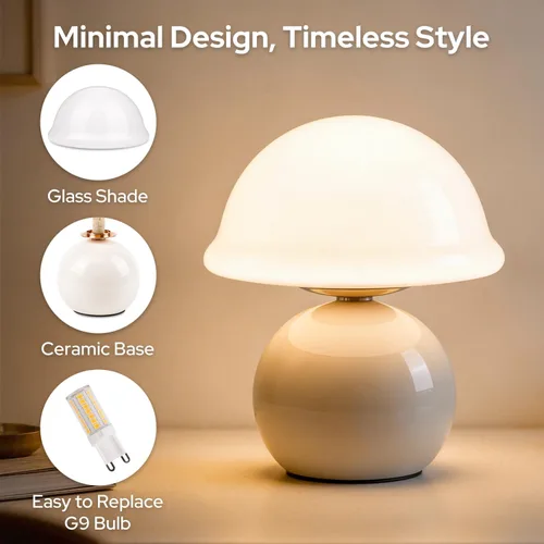 Miniatura 6 de Lámpara de mesa con forma de hongo para dormitorio, acogedora lámpara de noche con pantalla de cristal, lámpara de mesita de noche regulable