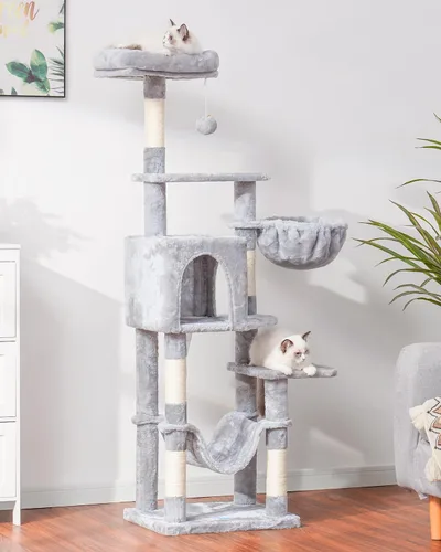 Miniatura 5 de Hey-brother Árbol para gatos con hamaca grande, torre para gatos de varios niveles para gatos de interior, condominio para gatos con postes claro