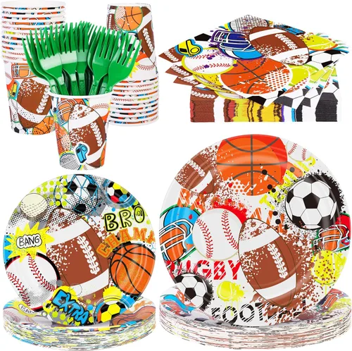 Miniatura 17 de durony Juego de vajilla de 144 piezas de platos de papel y servilletas de baloncesto, decoraciones de fiesta de cumpleaños, incluye platos de papel
