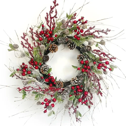 Miniatura 10 de Corona de invierno verde de 22 pulgadas, cono de pino artificial y corona de puerta delantera de acebo para decoración de Navidad de granja